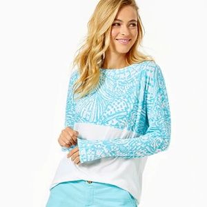 NWT Lilly Pulitzer Finn Top Long Sleeve Cotton Succulent Blue Sea Cups Size S